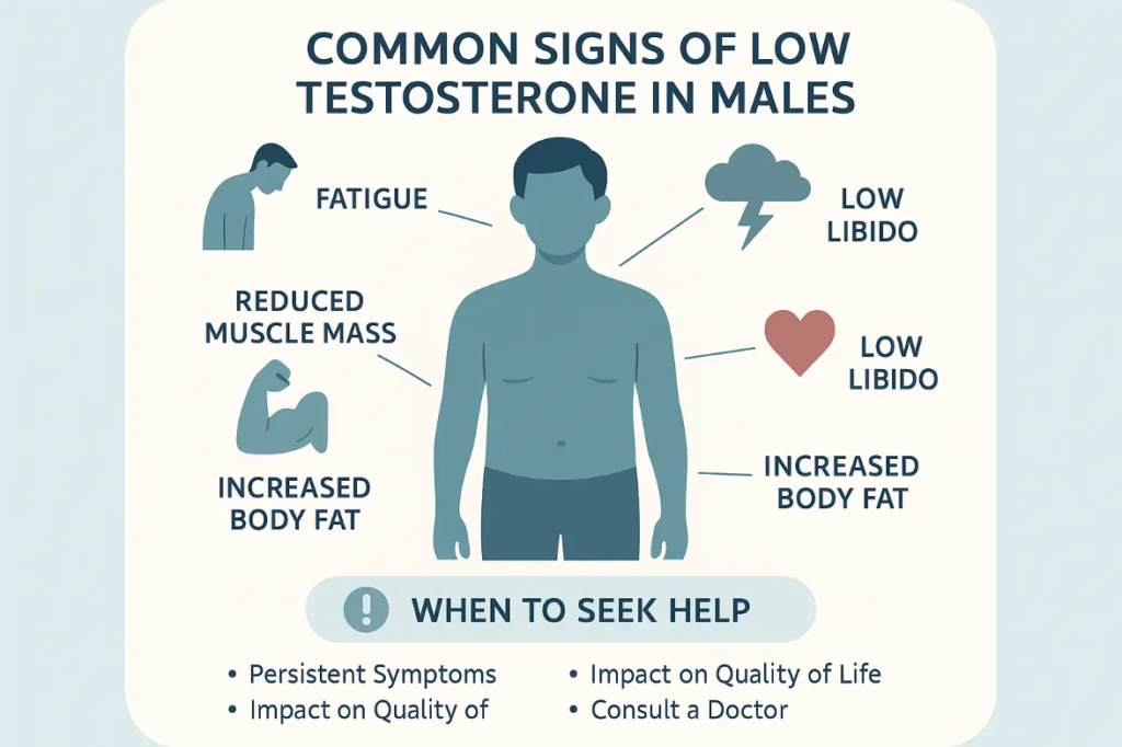 Educational poster showing a male silhouette with highlighted zones for low testosterone signs: fatigue, low libido, reduced muscle mass, mood changes, increased body fat. Each sign is labeled with icons. Bottom section lists when to seek medical help: persistent symptoms, quality of life impact, consult a doctor.