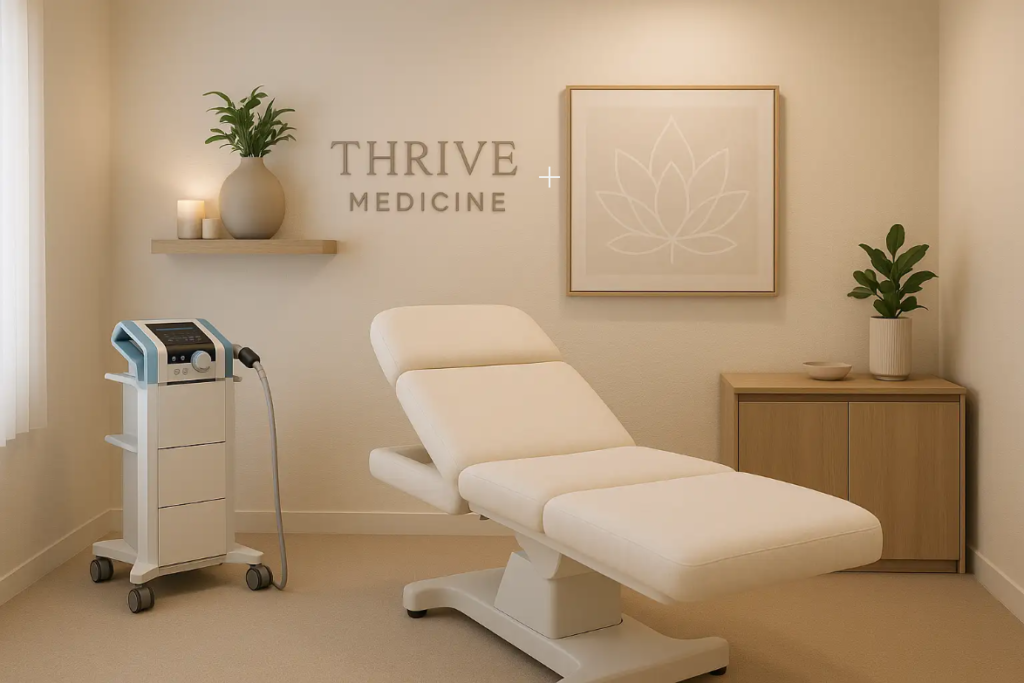 Medical treatment room at Thrive Medicine Clinic featuring an adjustable examination table, medical device, and calming decor, emphasizing a professional environment for erectile dysfunction care.