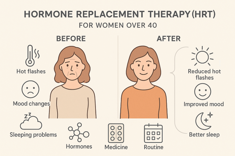 Hormone replacement therapy (HRT) benefits for women over 40, illustrating before and after effects: before shows a woman with hot flashes, mood changes, and sleeping problems; after depicts a woman with reduced hot flashes, improved mood, and better sleep.