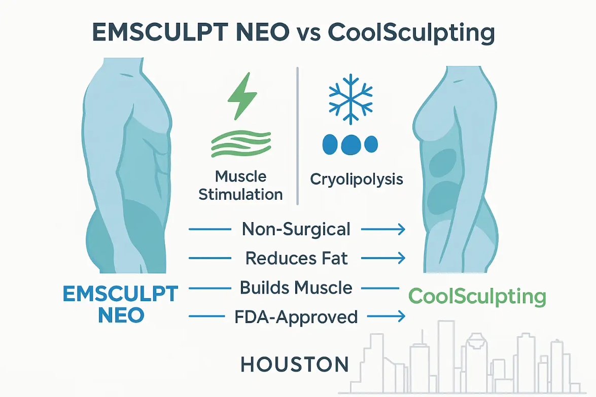 Emsculpt Neo and CoolSculpting comparison infographic highlighting muscle stimulation and cryolipolysis, non-surgical fat reduction, muscle building, FDA approval, with a Houston skyline backdrop.