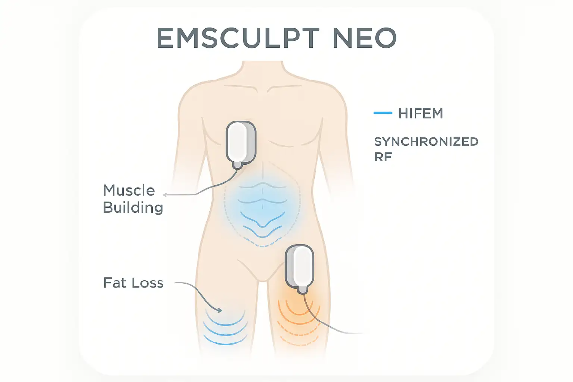 Emsculpt Neo treatment illustration showing muscle building and fat loss areas, highlighting HIFEM and synchronized RF technology for body contouring.