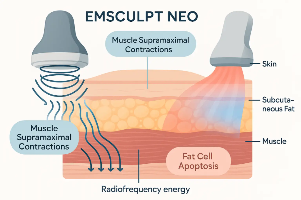 Emsculpt Neo diagram illustrating muscle supramaximal contractions and radiofrequency energy targeting skin, subcutaneous fat, and muscle for body contouring and fat reduction.