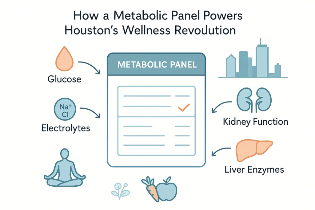 Metabolic panel infographic highlighting glucose, electrolytes, kidney function, and liver enzymes with wellness symbols and Houston skyline.