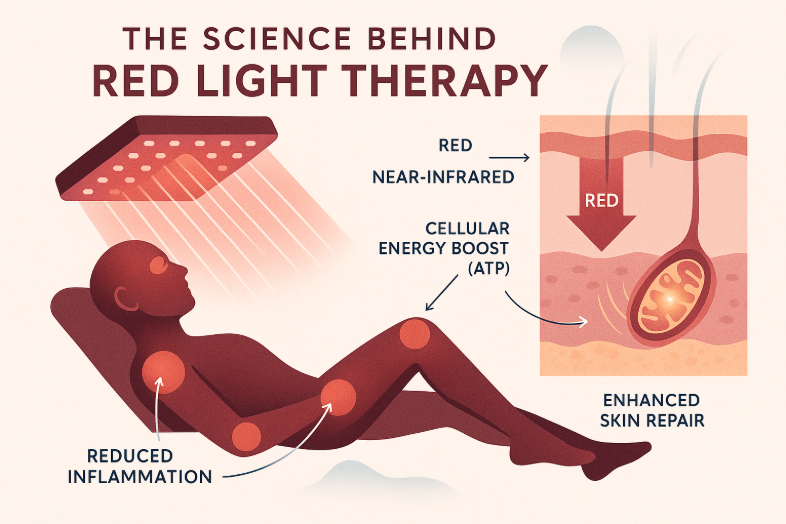 Illustration depicting the science of red light therapy, featuring a person receiving treatment under red and near-infrared light, highlighting benefits like cellular energy boost (ATP), reduced inflammation, and enhanced skin repair.