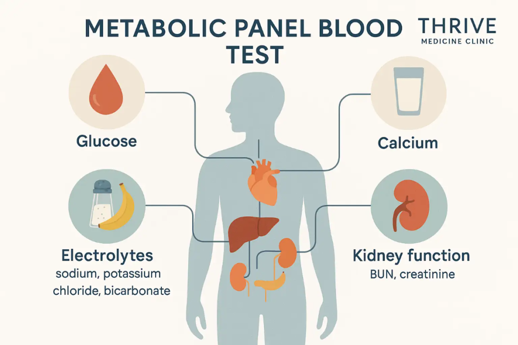 Metabolic panel blood test infographic illustrating glucose, electrolytes, calcium, and kidney function markers, emphasizing their roles in metabolic health at Thrive Medicine Clinic.