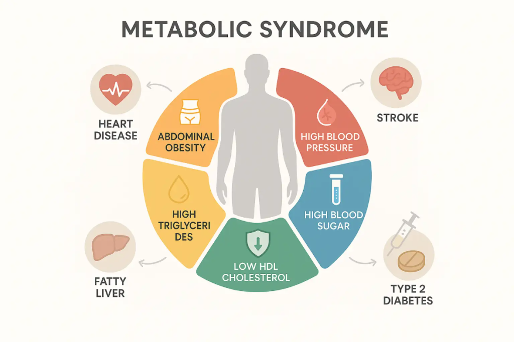 Infographic illustrating metabolic syndrome, highlighting interconnected conditions: heart disease, abdominal obesity, high blood pressure, high blood sugar, high triglycerides, low HDL cholesterol, fatty liver, and type 2 diabetes, with arrows indicating relationships and effects.