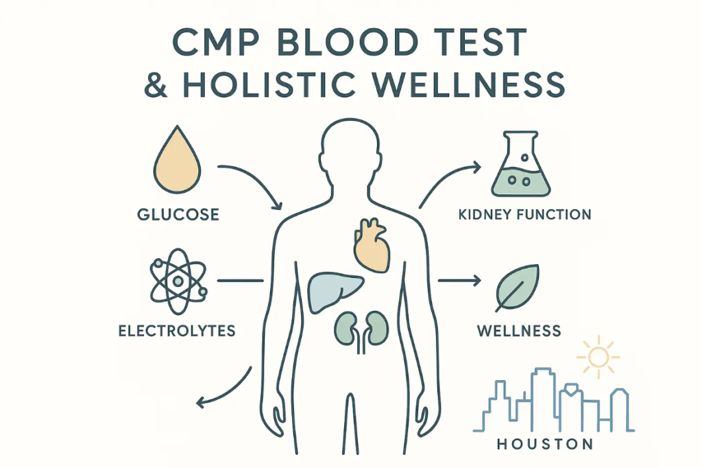 CMP blood test diagram illustrating glucose, electrolytes, kidney function, and wellness, with Houston skyline.