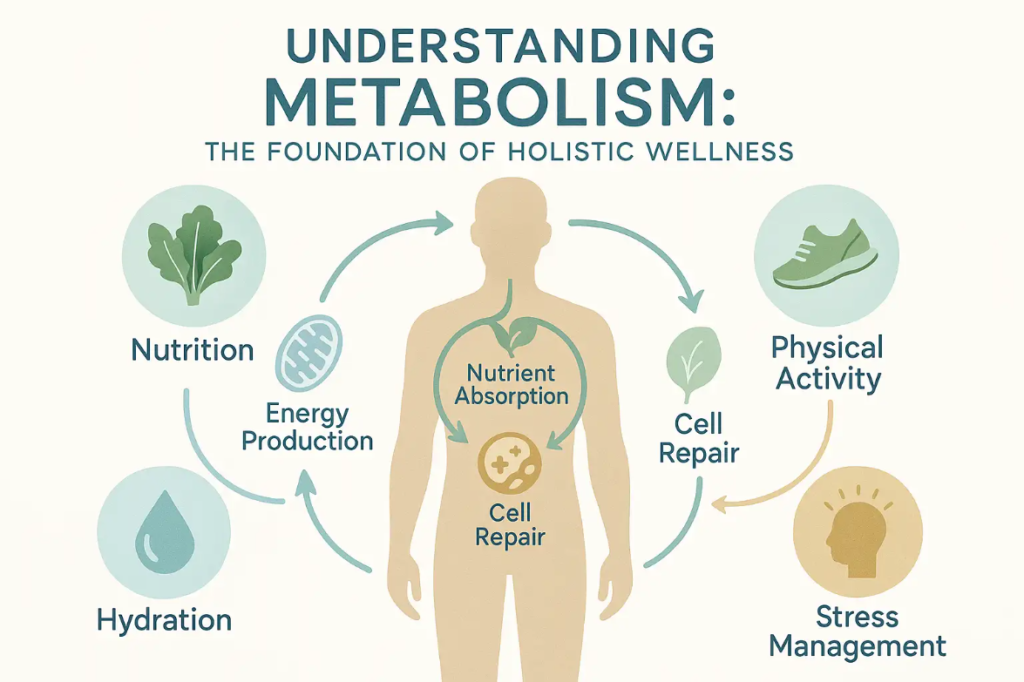 Understanding metabolism infographic illustrating key components: nutrition, hydration, energy production, nutrient absorption, cell repair, physical activity, and stress management, emphasizing holistic wellness.