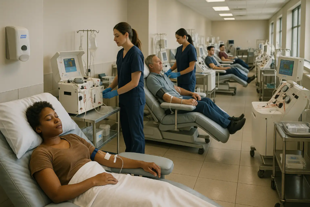 Patients receiving plasma exchange treatment in a clinical setting, with a healthcare worker monitoring the procedure and specialized apheresis machines in the background.