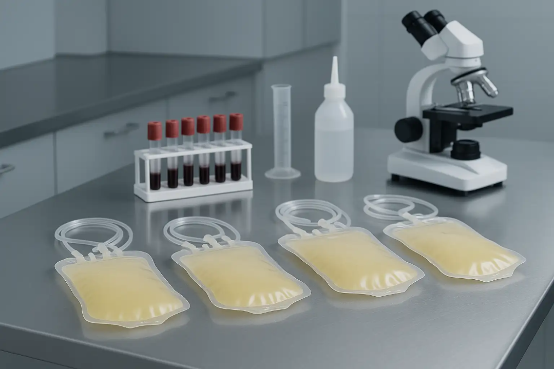 Plasma bags and blood test tubes on laboratory table, illustrating young plasma therapy and its regenerative applications in health and longevity.