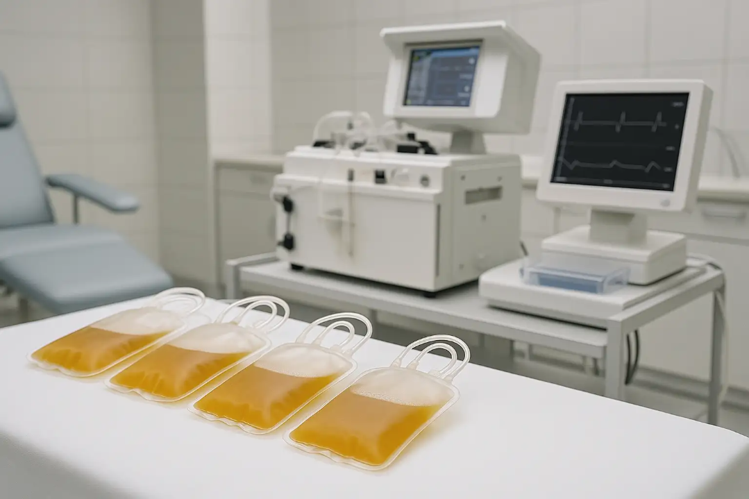 Medical setting with four bags of plasma on a table, accompanied by apheresis machine and monitoring equipment, illustrating the young plasma exchange procedure for wellness and longevity.