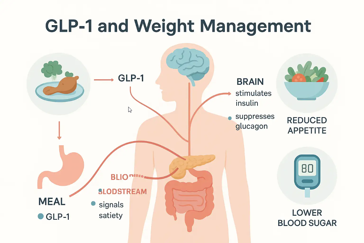GLP-1 and weight management diagram illustrating the interaction between meals, the brain, and the digestive system, highlighting reduced appetite, increased insulin stimulation, and lower blood sugar levels.