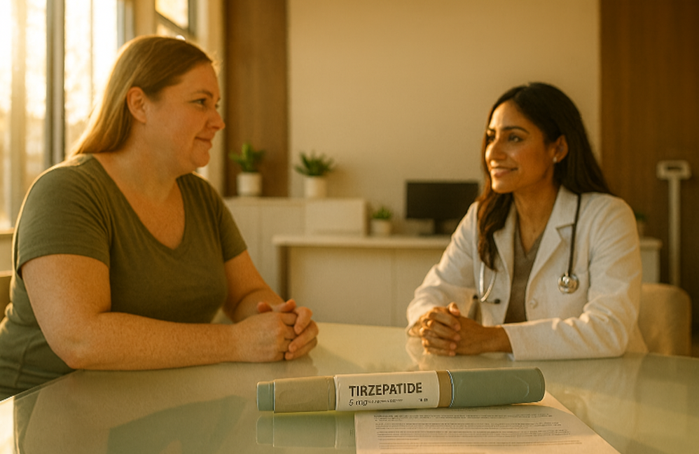 Woman consulting with physician about Tirzepatide weight loss treatment in a medical office setting.