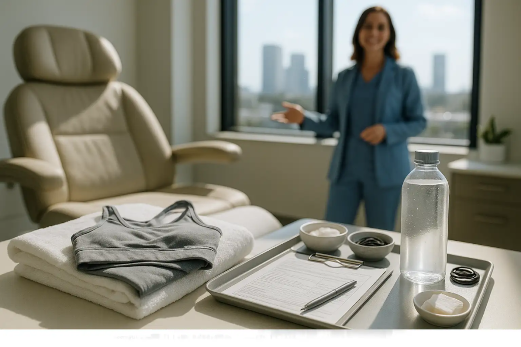 Clinical consultation setting with a smiling healthcare professional in scrubs, a treatment chair, a gray sports bra, towels, a water bottle, and bowls containing cotton and hair ties, emphasizing a supportive environment for Emsculpt Neo treatments at Thrive Medicine Clinic.