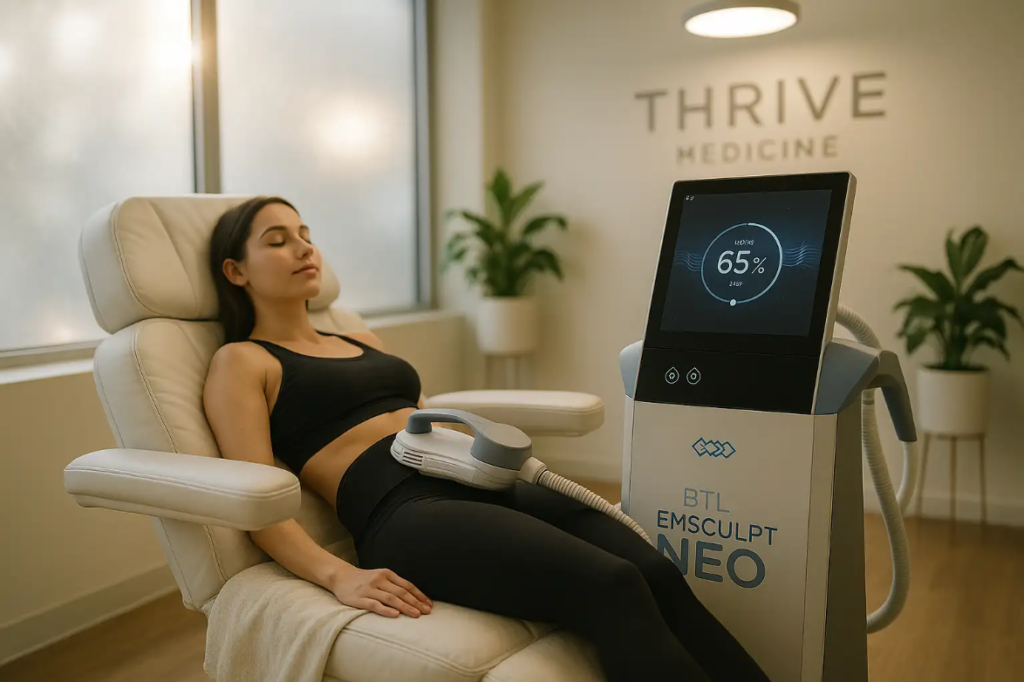 Woman relaxing in a treatment chair receiving BTL Emsculpt Neo body contouring therapy, with the device displaying progress, in a Thrive Medicine clinic setting.