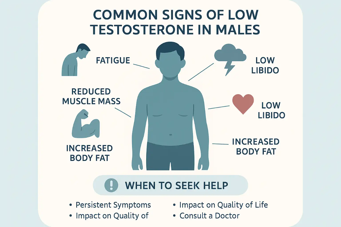 Common signs of low testosterone in males, including fatigue, reduced muscle mass, low libido, and increased body fat, with an emphasis on when to seek help for persistent symptoms impacting quality of life.