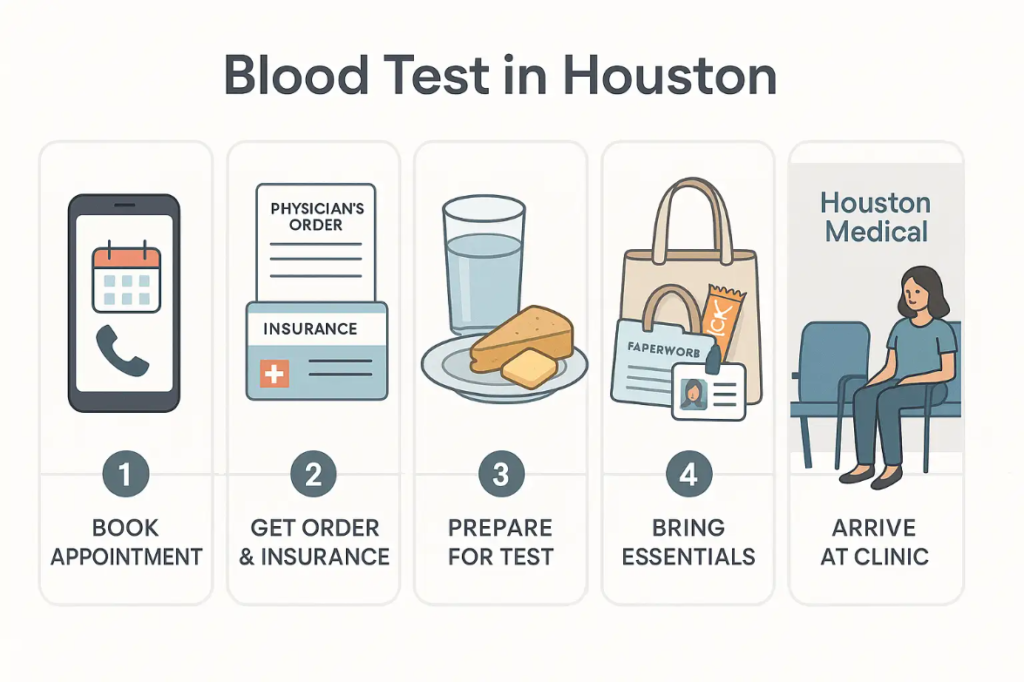 Blood test preparation steps illustrated, including booking an appointment, obtaining a physician's order and insurance, preparing for the test with water and snacks, bringing essentials, and arriving at a Houston medical clinic.