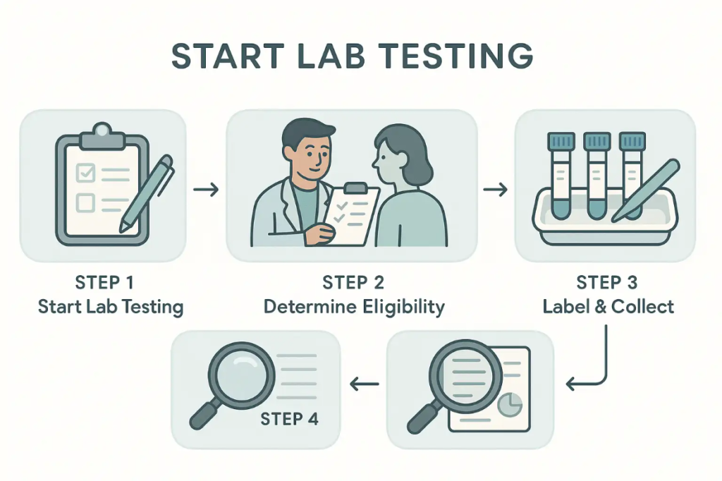 Step-by-step infographic showing lab testing and eligibility process: filling a form, consulting with a healthcare provider, collecting labeled lab vials, and processing results. Soft blue-gray and green palette, clear steps with numbered icons, and clean, minimalist educational layout for easy understanding