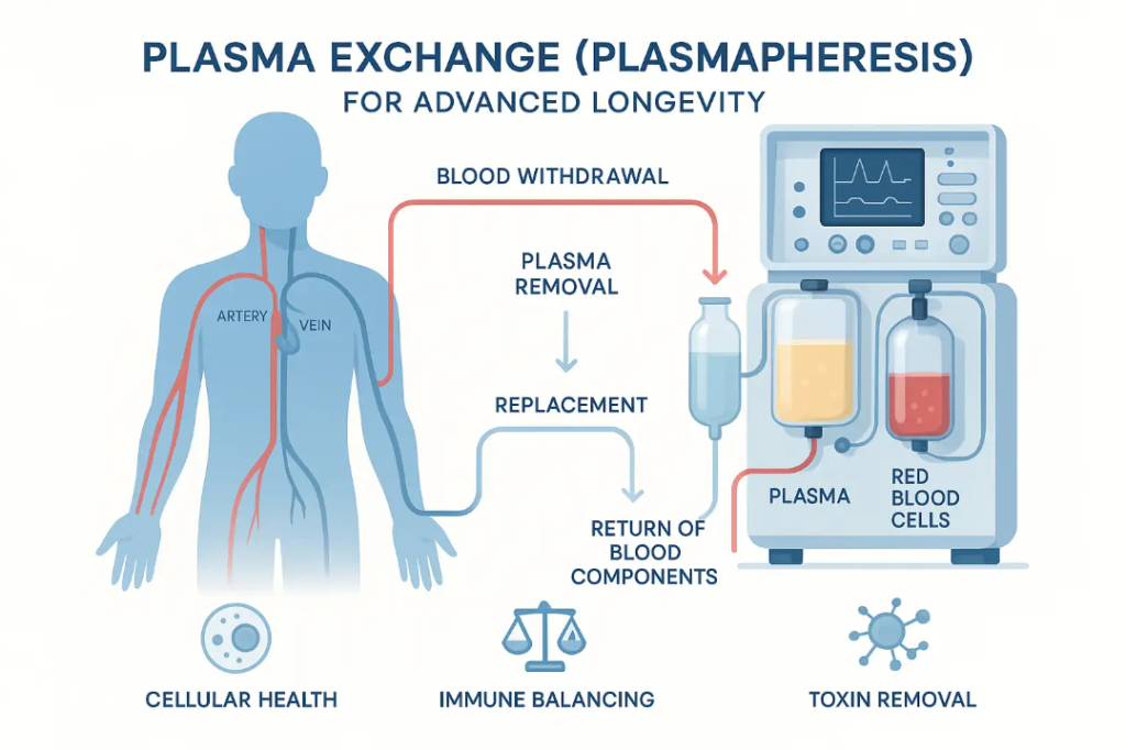 Plasma exchange (plasmapheresis) process diagram illustrating blood withdrawal, plasma removal, and return of red blood cells, highlighting cellular health, immune balancing, and toxin removal for advanced longevity.