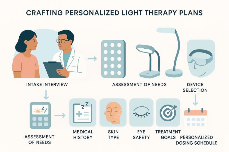 Illustration of personalized light therapy plan creation process, featuring a healthcare provider and patient discussing intake, needs assessment, medical history, skin type, eye safety, treatment goals, and device selection for red light therapy at Thrive Medicine Clinic.