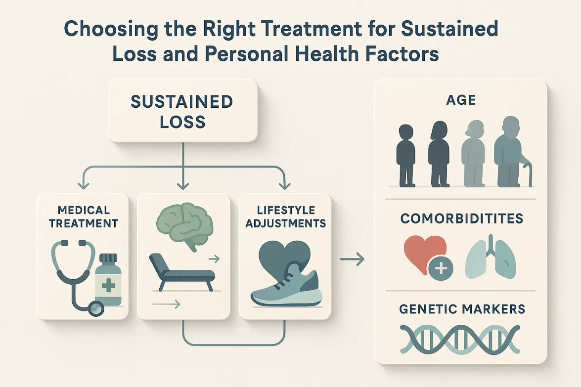 Infographic illustrating the decision-making process for sustained weight loss, featuring sections on medical treatment, lifestyle adjustments, age, comorbidities, and genetic markers.