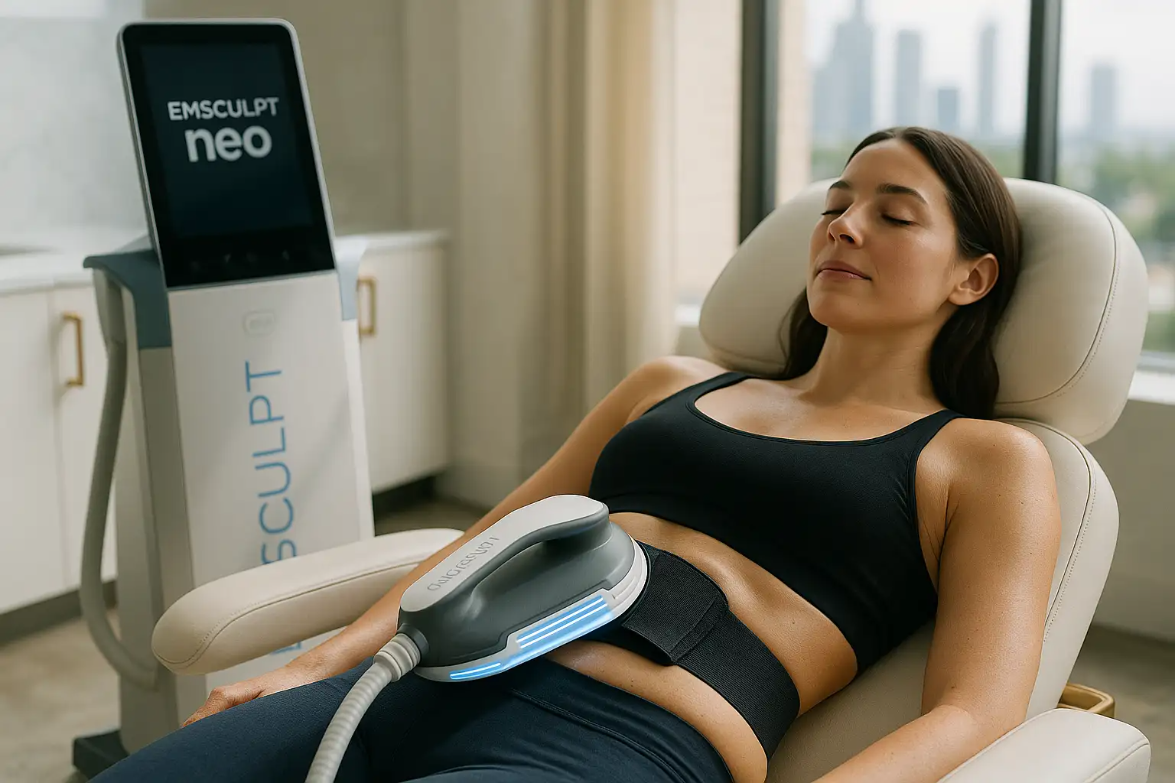Woman relaxing during Emsculpt Neo treatment, with device positioned on abdomen, in a modern clinical setting, emphasizing non-invasive body contouring and muscle stimulation.