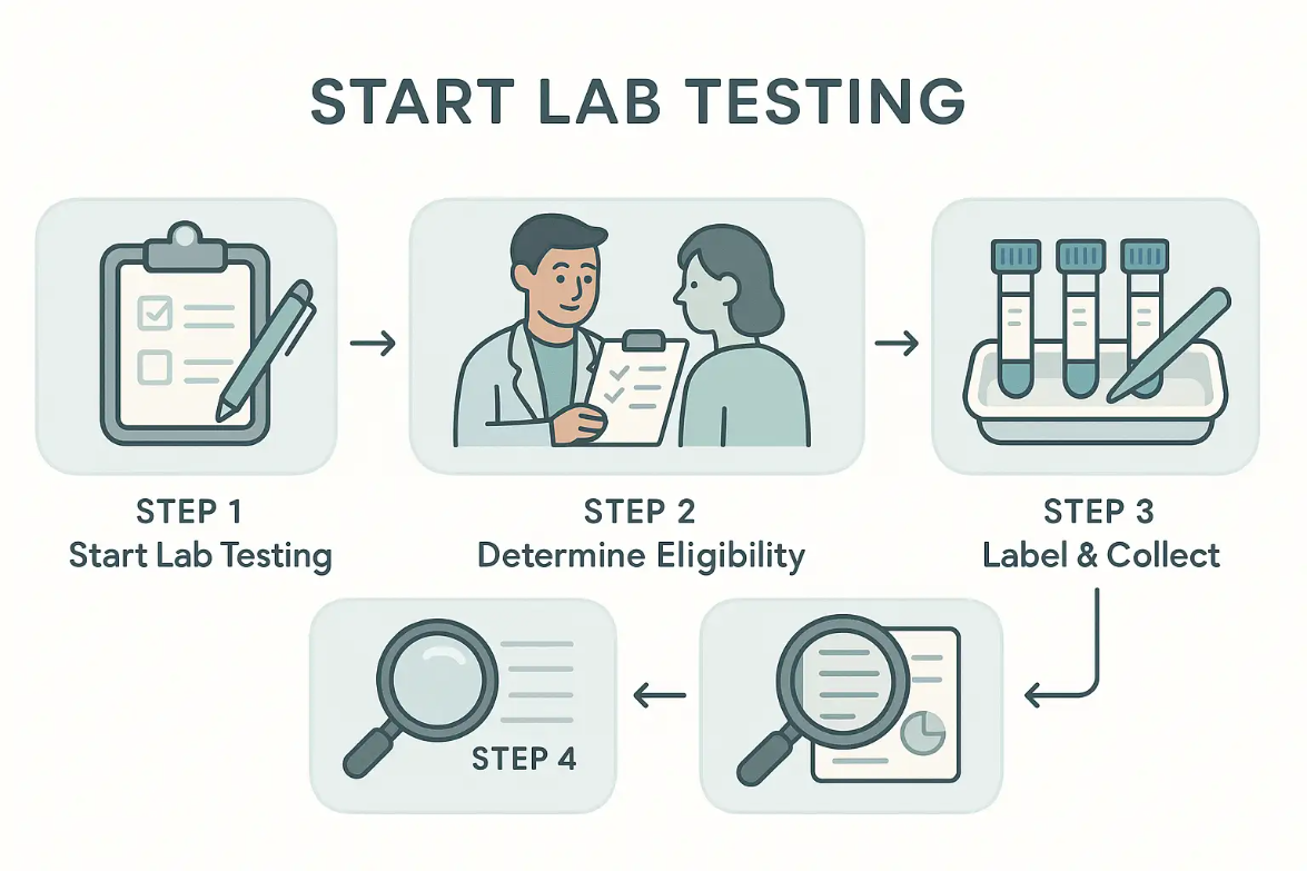 Lab testing process for testosterone therapy: steps include starting lab testing, determining eligibility with a doctor, and labeling and collecting samples.