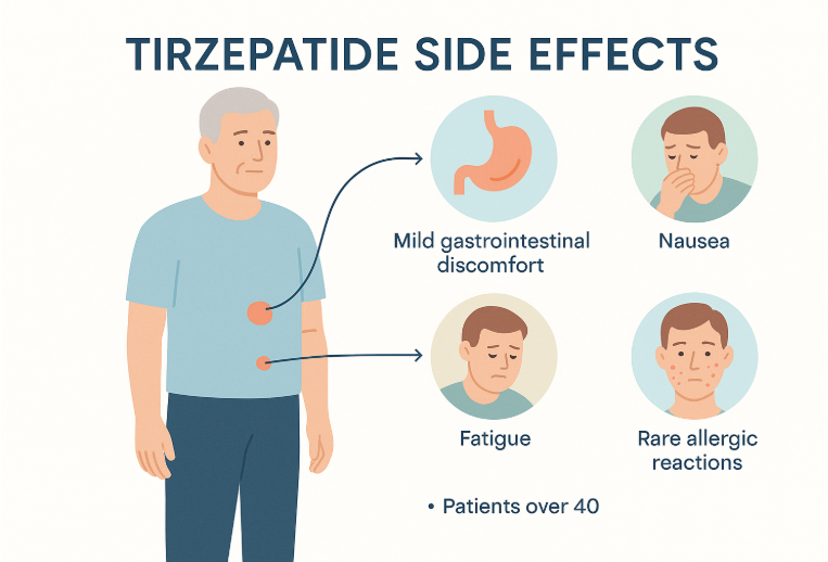 Minimalist infographic showing side effects of Tirzepatide for patients over 40, with icons for nausea, stomach discomfort, fatigue, and allergic reactions, a mature adult figure, labeled markers for affected areas, color-coded icons, clear legend, and modern, accessible design.