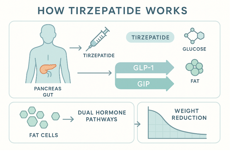 Infographic detailing Tirzepatide&rsquo;s weight loss mechanism in three panels: pancreas and gut highlighted, dual hormone paths (GLP-1, GIP) illustrated, and a positive weight reduction timeline.
