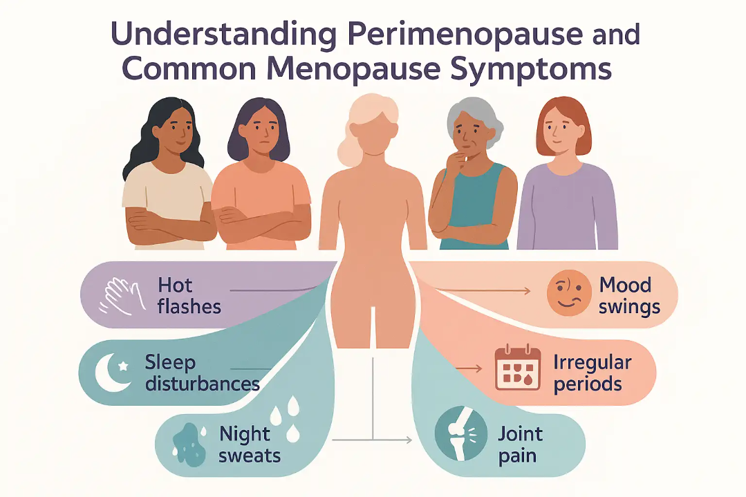 Educational infographic illustrating perimenopause and menopause symptoms, featuring diverse women, elegant icons for hot flashes, sleep issues, mood swings, night sweats, irregular periods, and joint pain.