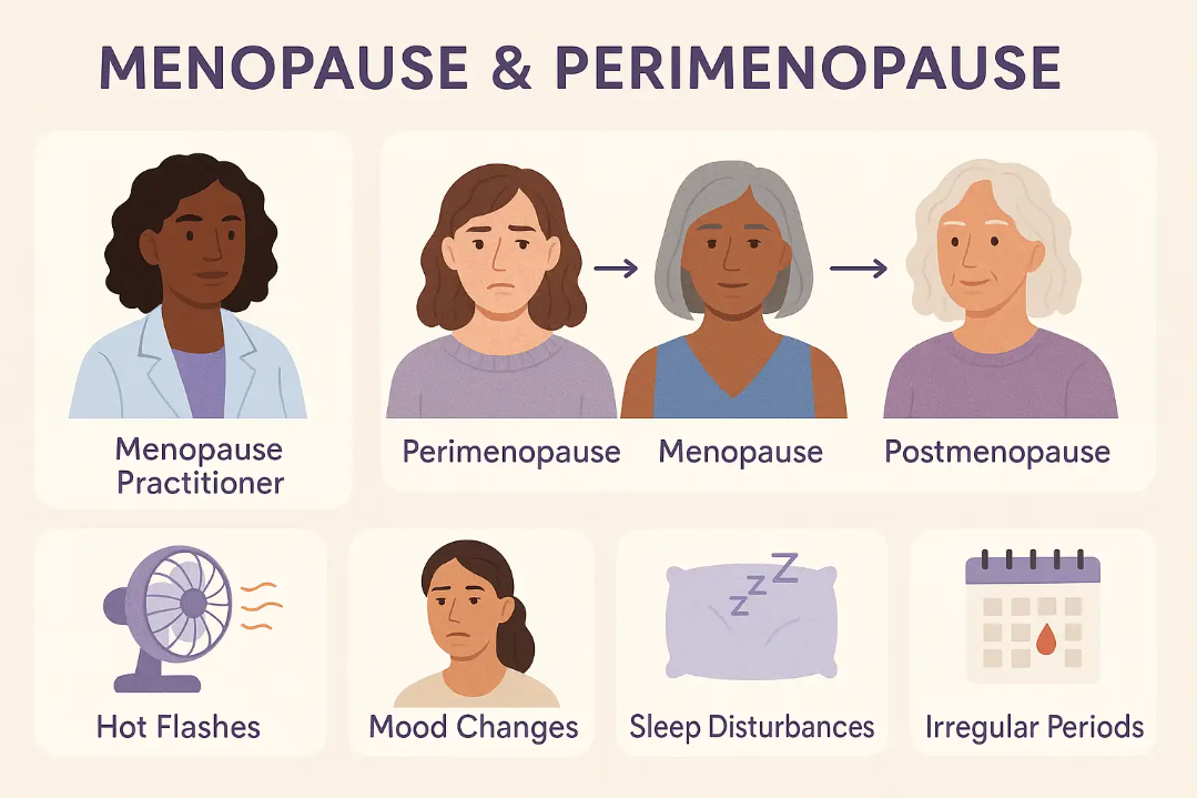 Educational infographic poster showing menopause and perimenopause stages and symptoms, with diverse midlife women, empathetic icons for hot flashes, mood changes, sleep issues, and irregular cycles, clear labels, and soft pastel colors for a welcoming, informative, and accessible presentation.