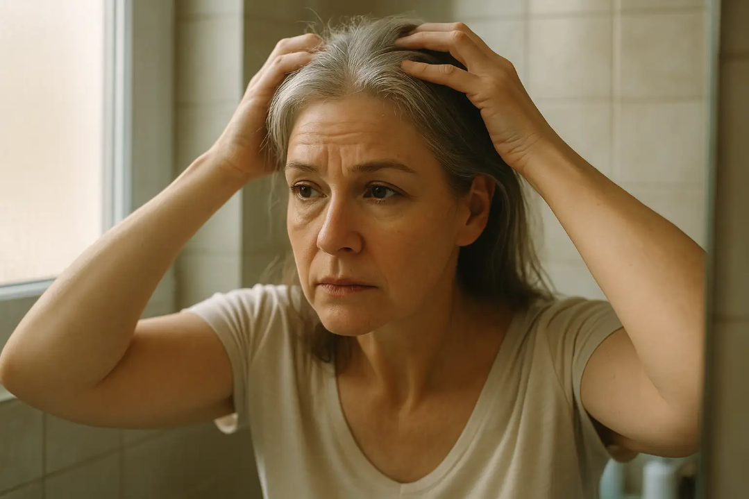 A mature woman examines her hair and reflection in a softly lit bathroom mirror, showing natural hair thinning, graying, and fine lines. Her thoughtful expression captures vulnerability and confidence concerns related to menopausal hair changes.