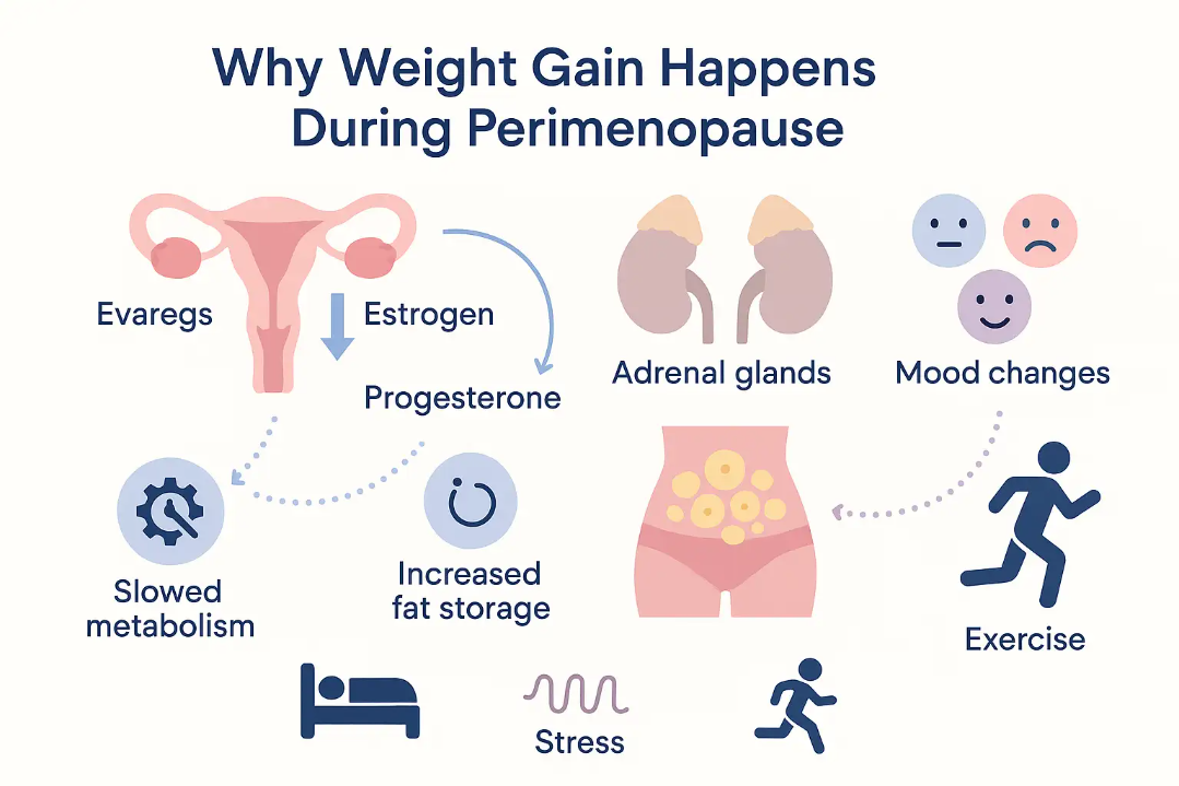 Minimalist infographic illustrating key reasons for weight gain during perimenopause, including hormonal changes, slowed metabolism, increased fat storage, sleep, stress, and exercise.