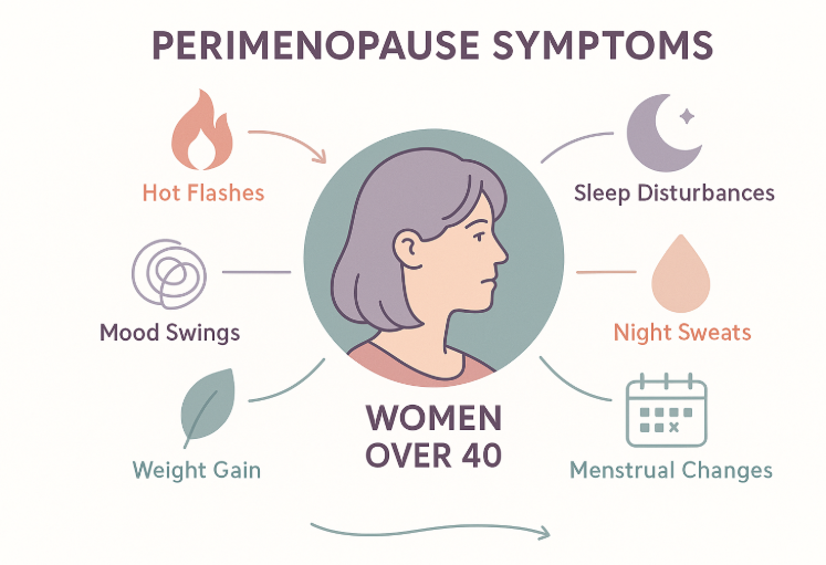 Educational infographic showing a central woman&rsquo;s profile surrounded by icons representing perimenopause symptoms: hot flashes, sleep issues, night sweats, mood swings, weight gain, and irregular periods.