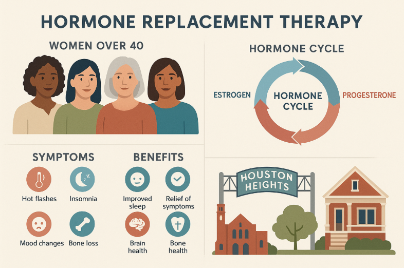 Infographic showing diverse women over 40, a hormone cycle diagram with estrogen and progesterone, icons for symptoms and benefits, and recognizable Houston Heights landmarks in a soft, modern layout for hormone therapy replacement education.
