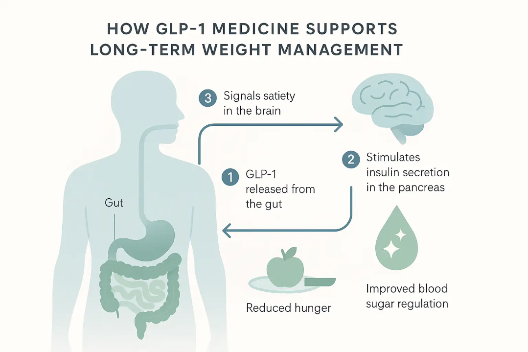 IMinimalist infographic showing GLP-1's role in long-term weight management: arrows trace GLP-1 from gut to pancreas and brain, highlighting reduced hunger and better blood sugar.
