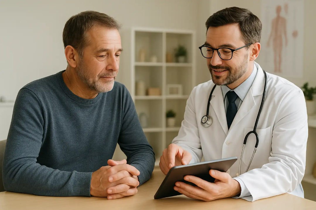 Man in his late 40s to 60s consults with a physician in a modern, private room. Both appear relaxed and engaged, reviewing information on a tablet. The setting is warm and confidential, emphasizing supportive discussion about erectile dysfunction solutions.