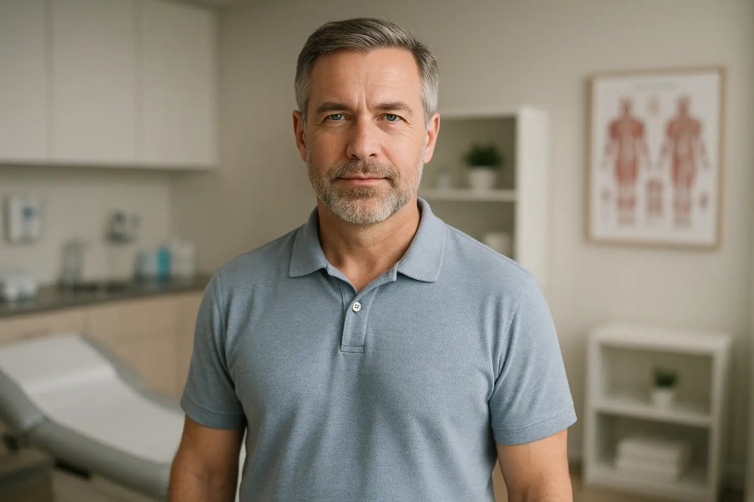 A confident middle-aged man standing in a modern clinic setting, representing a calm and supportive environment for men searching for an ED clinic near me and seeking evaluation and treatment for erectile dysfunction.