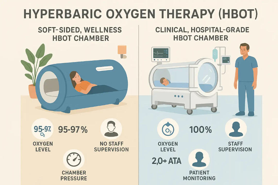 nfographic compares soft-sided wellness HBOT chamber with plants and ambient lighting to a hospital-grade HBOT chamber with medical equipment, highlighting differences in oxygen levels, staff supervision, chamber pressure, and patient monitoring using clearly labeled icons.