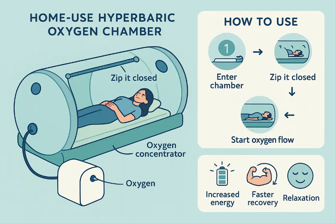 Infographic showing a cutaway of a home-use hyperbaric oxygen chamber with labeled step-by-step usage instructions and benefit icons for increased energy, faster recovery, and relaxation.