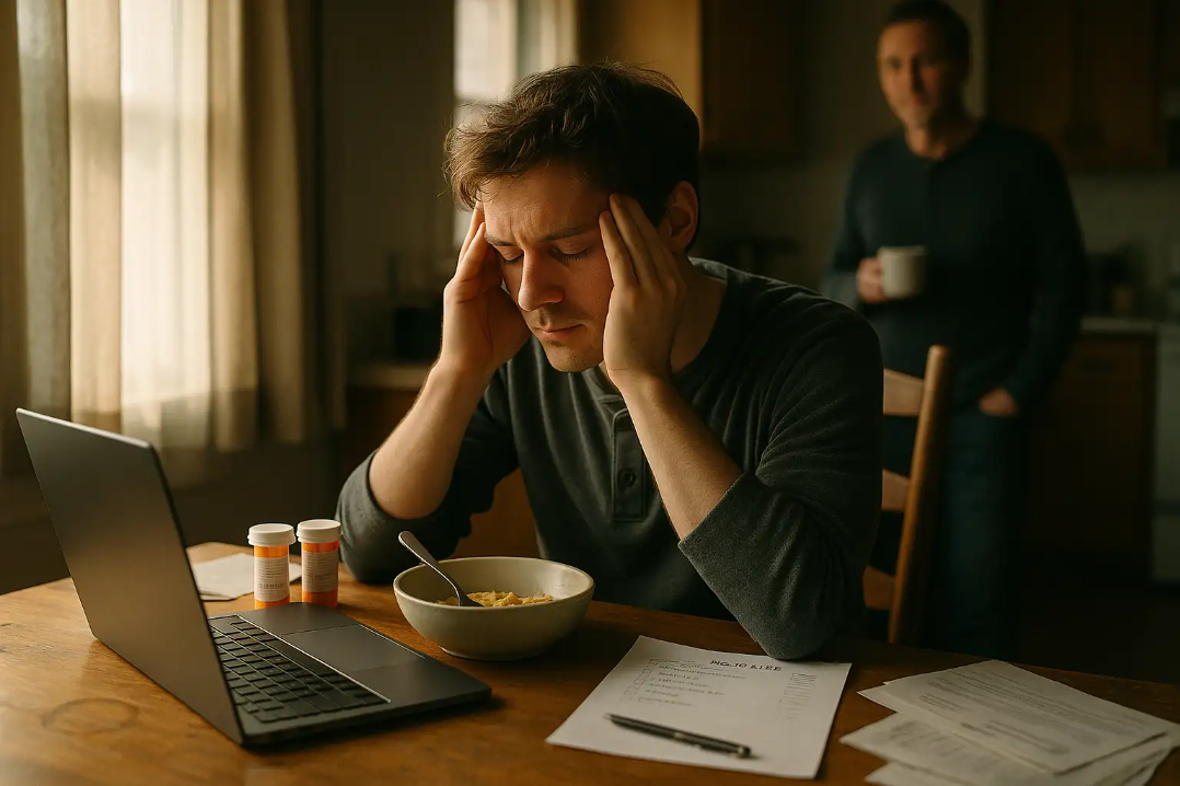 Man experiencing stress and fatigue while working on a laptop at a table, holding his head in discomfort, with a bowl of cereal and medication bottles nearby, reflecting challenges of post-concussion syndrome and cognitive strain.