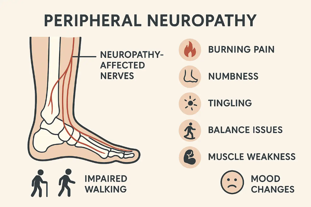 Peripheral neuropathy illustration showing neuropathy-affected nerves in the foot, with labels for symptoms including burning pain, numbness, tingling, balance issues, muscle weakness, mood changes, and impaired walking.