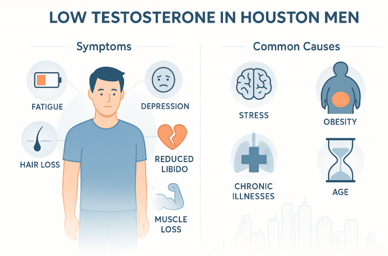 Educational infographic showing symptoms and causes of low testosterone in Houston men, with vector icons for fatigue, depression, low libido, muscle loss, hair loss, and causes like stress, obesity, chronic illness, and age. Includes Houston skyline outline and clear sectional labels.