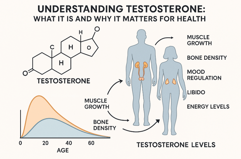Educational infographic showing testosterone&rsquo;s molecular structure, human silhouettes highlighting production and target organs, callouts on functions like muscle growth, bone density, mood, libido, and energy, and a lifecycle curve of testosterone levels with clear, accessible vector illustrations on a white background.