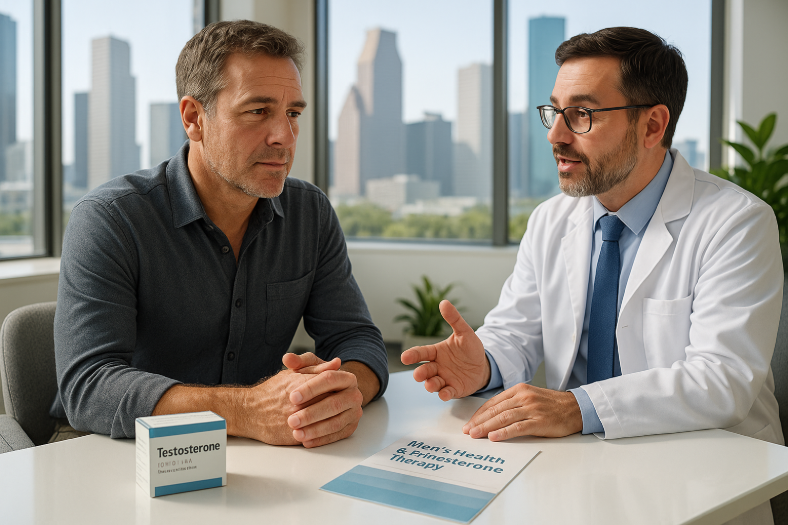 Confident middle-aged man consults with an endocrinologist about testosterone therapy in a modern Houston clinic. Bright daylight, Houston skyline, medication box, and informative pamphlet emphasize a supportive, professional men&rsquo;s health care atmosphere.