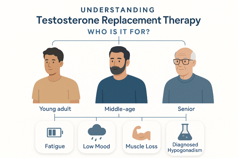 Illustration depicting three male figures representing different age groups&mdash;young adult, middle-aged, and senior&mdash;along with icons for fatigue, low mood, muscle loss, and diagnosed hypogonadism, emphasizing the target demographics for testosterone replacement therapy (TRT).
