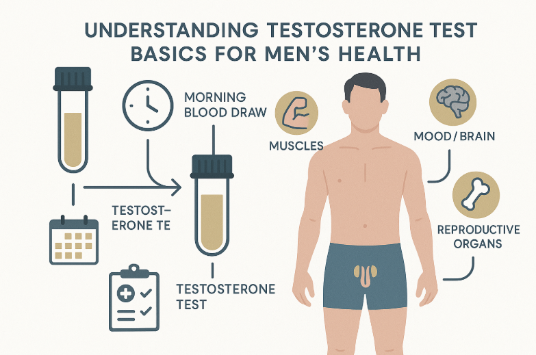 Minimalist infographic showing a male figure with labeled areas affected by testosterone, blood vial and test tube for testing, arrows illustrating blood draw process, clock, calendar, and doctor's clipboard. Clean design aids understanding of testosterone test basics for men's health.