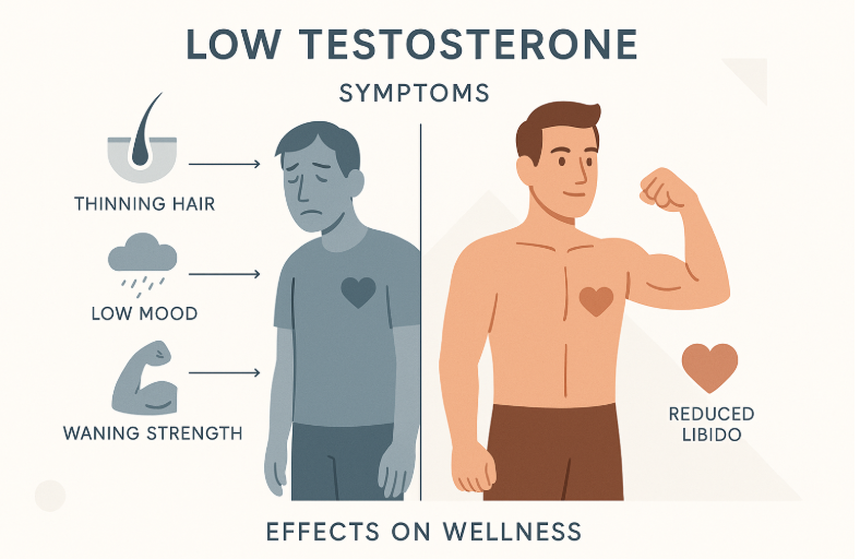 Educational poster showing a split male figure illustrating low versus optimal testosterone, with icons for symptoms like thinning hair, reduced strength, low mood, and diminished libido.