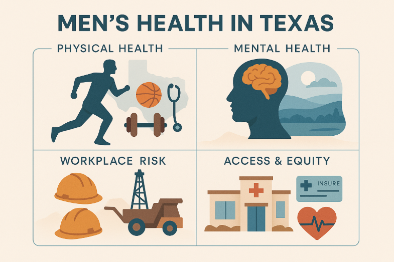 nfographic showing men's health needs in Texas: physical health, mental well-being, workplace risks, and healthcare access. Features flat vector icons, section labels, and Texas map outline. Colors are soft blues and earth tones. Design is clean, modern, and educational for community or classroom use.
