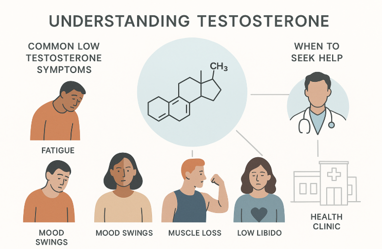 Educational infographic illustrating diverse adults with common low testosterone symptoms, including fatigue, mood swings, muscle loss, low libido, and thinning hair. Central testosterone molecule graphic, with side panels listing symptoms and guidance on seeking medical help. Minimalist vector style, clean layout, and accessible text.
